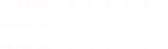 　  診療時間　 　 月　  火　  水　   木　  金　　土
　
午前（9:00~12:30）　 　 ○　    ○　  ○　　  　    ○　　○

午後（14:30~18:00）  　 ○　　 ○　  ○　　　      ○　　　